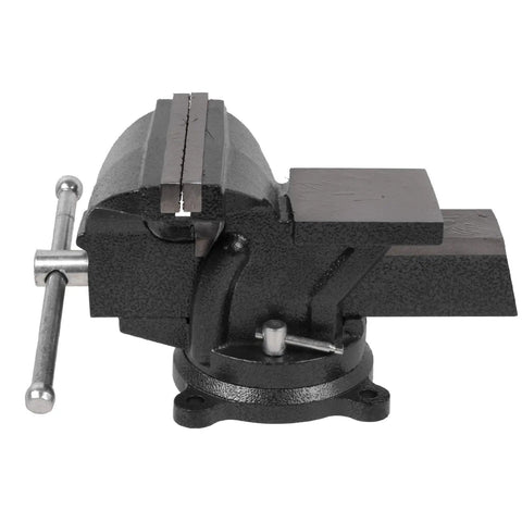 Heavy Duty Six Inch Bench Vise Rock Solid Cast Steel Frame With Double Locking Swivel Base And Flat Hammer Anvil Surface For Tough Daily Shop Grind Woodworking And Pipe Clamping Projects Black Finish side view of the vise showing jaws and swivel base.