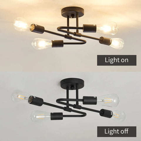 4 Light Black Semi Flush Mount Sputnik Ceiling Light Fixture Dope Matte Metal Farmhouse Chandelier, light on and off