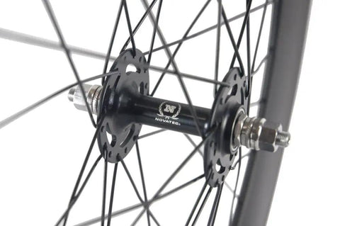 Close-up of hub on Carbon Single Speed Track Wheelset 88mm Clincher Rims Matte Finish 23mm Wide Lightweight Durable Toray Build