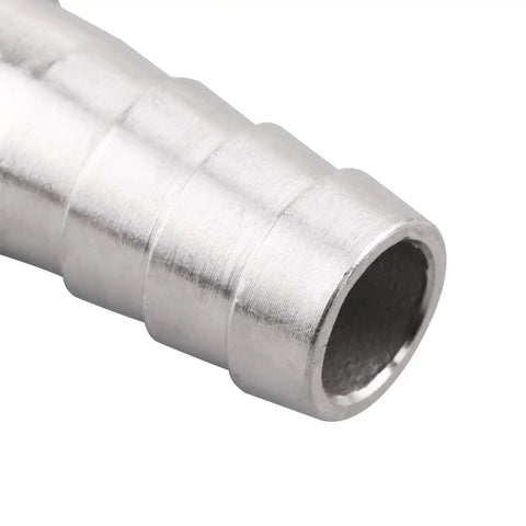 Close-up of stainless steel half inch hose barb, part of Stainless Steel Half Inch Hose Barb to Three Eighth Inch NPT Male Fittings for Home Brew Beer Lines, Heavy Duty 304 Stainless, Corrosion Resistant, Handles Up To 150 PSI, Pack Of 2