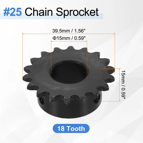 Beefy 18 Tooth Chain Roller Sprocket For ISO 04C Chain, 15mm Bore, 39.5mm OD, C45 Carbon Steel With Black Oxide Finish