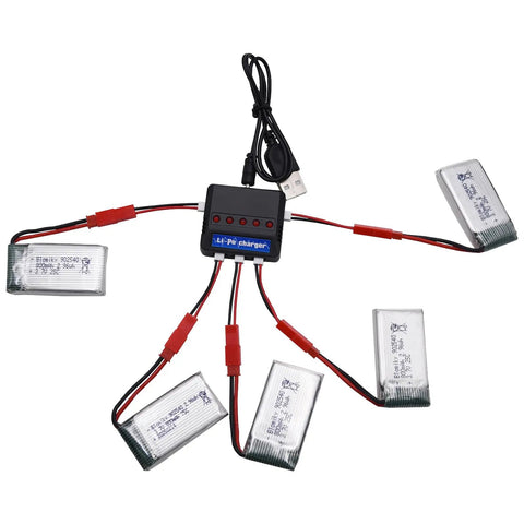 Five Pack 3.7V 800mAh 25C Rechargeable LiPo Batteries With JST Plug And All In One 4 In 1 Charging Board For MJX X300C X400W X600 X800