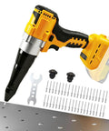 Heavy Duty Cordless Rivet Gun Compatible With DeWalt 20V Battery Tool Only shown with accessories and rivets on metal surface.