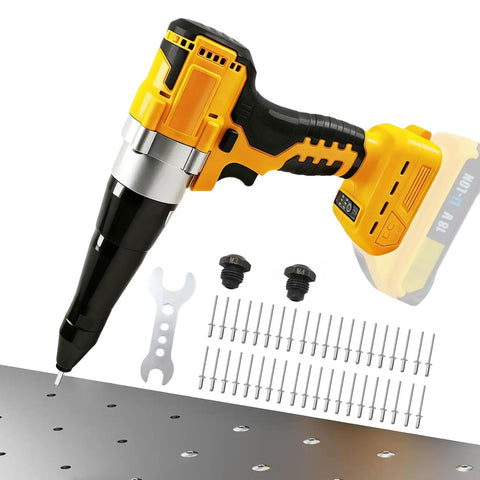 Heavy Duty Cordless Rivet Gun Compatible With DeWalt 20V Battery Tool Only shown with accessories and rivets on metal surface.