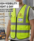Straight Up Heavy Duty High Visibility Reflective Safety Vest With Custom Logo Printing For Outdoor Crews Bright Yellow Hi Vis Premium Workwear For Jobsites featuring multiple pockets and ID window.