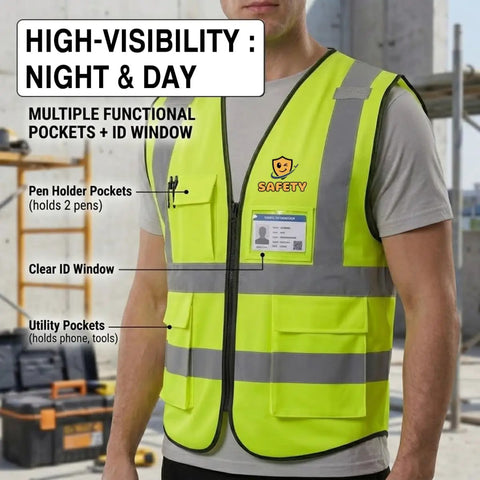 Straight Up Heavy Duty High Visibility Reflective Safety Vest With Custom Logo Printing For Outdoor Crews Bright Yellow Hi Vis Premium Workwear For Jobsites featuring multiple pockets and ID window.