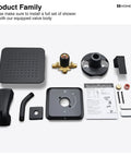 Components of Dope Matte Black Tub Shower Faucet Set with 8 Inch Rain Shower Head, tub spout, and valve parts on display.