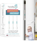 Package and installed view of 3in1 Baby Door Safety Pinch Guard With Automatic Finger Protector Hinge And Lock Side Safety Stopper Easy Install