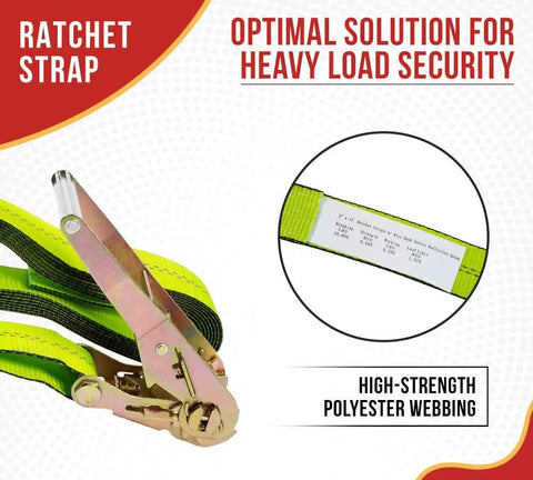 Close-up of Four Pack 2 Inch Ratchet Straps With Wire Hooks For Flatbed Truck Tie Downs Safety Green Webbing 15 Foot Length