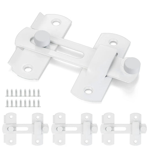 Four Pack Premium White Stainless Steel Barn Door Latches Flip Slide Bolt Hardware with included screws for easy installation.