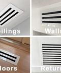 12x12 Modern White Aluminum AC Vent Cover With Decorative Linear Slot Diffuser in ceiling, wall, floor, and return installations.