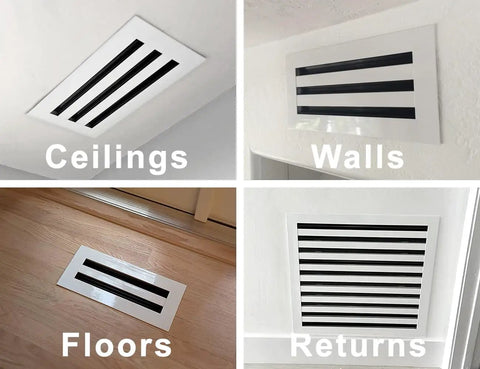 22x4 Modern AC Vent Cover White Aluminum for Ceiling Walls and Floors with Standard Linear Slot Diffuser in various placements