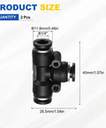 Two Pack 3 Way Push To Connect Tee Fittings 1/4 Inch Tube OD Plastic Pneumatic Quick Connect For Air Lines Black Durable