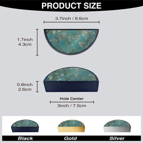 Product size dimensions for 2 Pack Blooming Apricot Blossoms Cabinet Handles with options in black, gold, and silver.