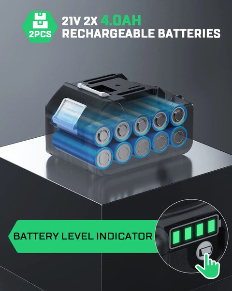 Two 21V rechargeable batteries with level indicator for Cordless Brushless Impact Wrench Kit With 650 Nm Torque Half Inch Drive Two Batteries