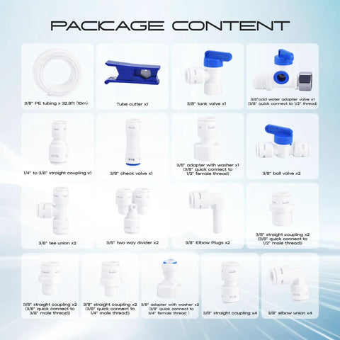 Package contents of Three Eighths Inch Outer Diameter Water Line For RO Systems 32.8 Feet Long With Push To Connect Quick Connect Fittings