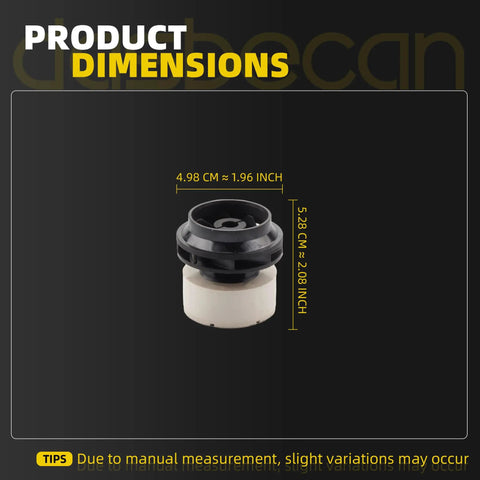 Direct Fit Electric Water Pump Rotor Compatible With Toyota Prius 2010 To 2015 dimensions shown, 4.98 cm and 5.28 cm, black and white material