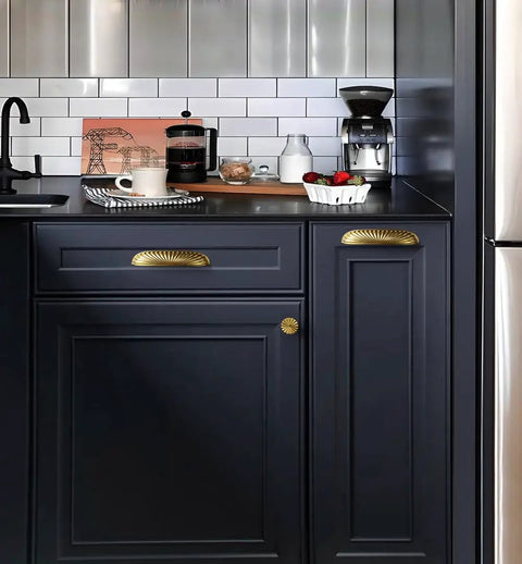 Top Shelf Modern Cabinet Pulls With 5 Inch Hole Centers And Brushed Gold Zinc Alloy Handles For Kitchen Drawers and Furniture Doors Six Pack on navy blue cabinetry.