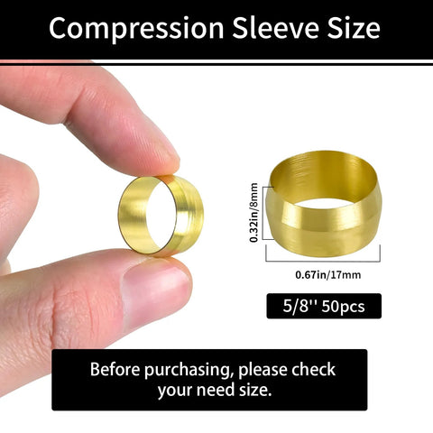 Brass compression sleeve, 5/8 in OD, 50-piece pack; close-up view.