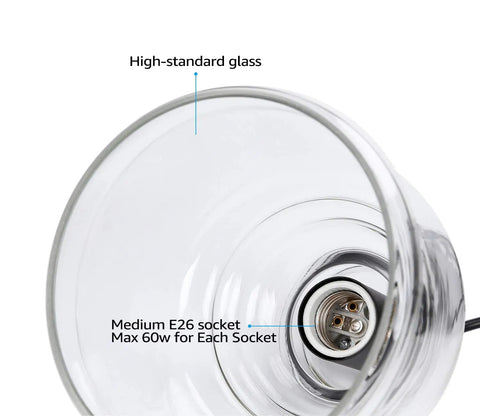 Close-up of medium E26 socket in Cool Three Light Glass Pendant Cluster With Adjustable Height UL Listed, clear high-standard glass shade.