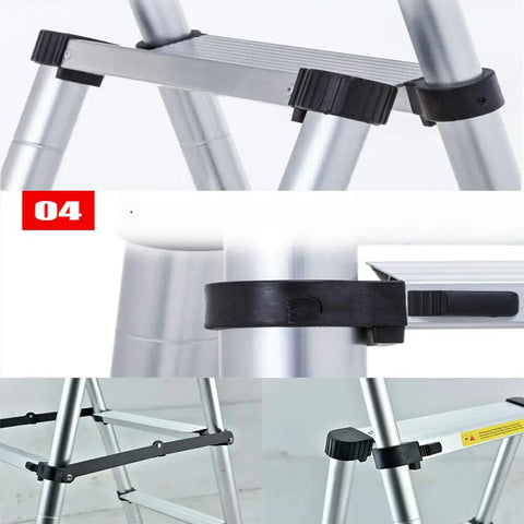 Heavy Duty 5 And 6 Step A Frame Telescoping Ladder, 5.34 Ft Reach, Foldable And Lightweight, 330 Lb Capacity, Wide 74 Mm Pedals With Rubber Feet, Easy To Store, Home Shop Pro Grade close-up of aluminum locks and hinges