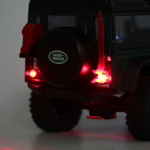 LED Headlights and Taillights Kit for TRX4M 1/18 RC Crawler Car Upgrade Parts White and Red With Clean Wiring 10 Wire Clips Easy Install Realistic Look Cool Upgrade showing red taillights.