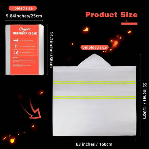 Folded and unfolded Emergency Fireproof Hooded Cloak For Quick Fire Escape, Life Saver Silver Silicone Coated Fiberglass Fire Blanket 59 By 63 Inches, showing dimensions.