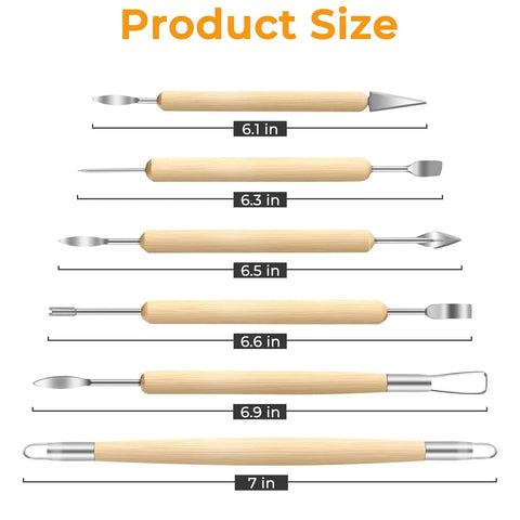 Six Pack Clay Tools Kit For Pottery And Sculpting With Wooden Handles And Stainless Steel Tips A Dope Set shown with sizes
