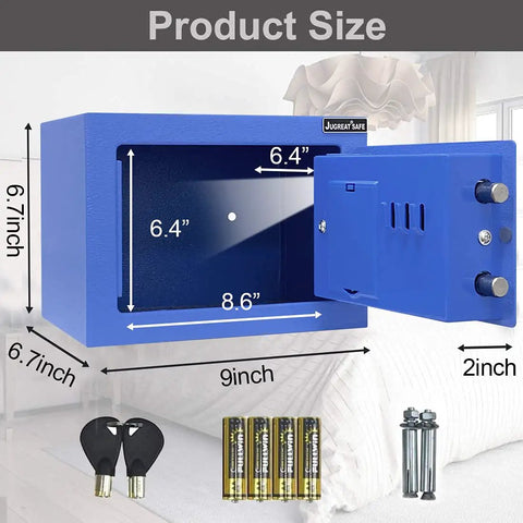 Induction Light Digital Security Safe Box Heavy Duty Steel Hidden Lockbox open with dimensions and accessories shown