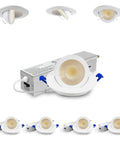 Adetu 4 Pack 2 inch 5CCT LED Gimbal Recessed Light, 5W=50W, 550LM, 120V with adjustable gimbal design and power supply.