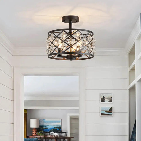 Farmhouse Semi Flush Mount Ceiling Light With Crystal Teardrops, Matte Black Finish, E12 Base, 3 Lights, Drum Net Shade, D13 x H12