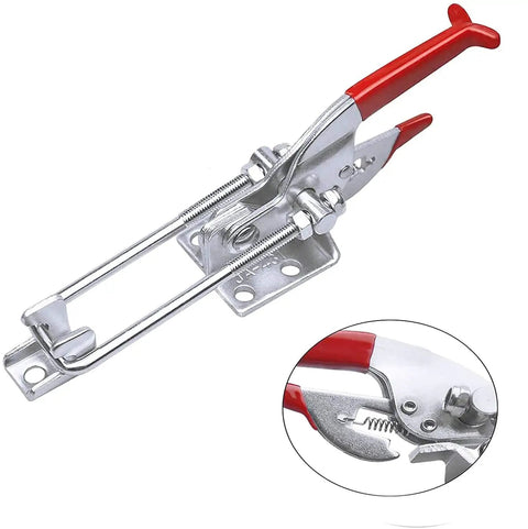 Beefy 2000lbs Toggle Clamp Kit With Cam Latch Action, shown with red handle and close-up of latch detail, for various latches