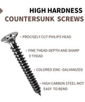 Top Shelf Heavy Duty Flat Head Self Tapping Wood Screws Forged From Badass Carbon Steel With Tough Black Oxide Shield For Zero Stink Rust And Smooth Drive Includes 100 Reliable Quick Grabbers, showing a countersunk screw with a precisely cut Phillips head.