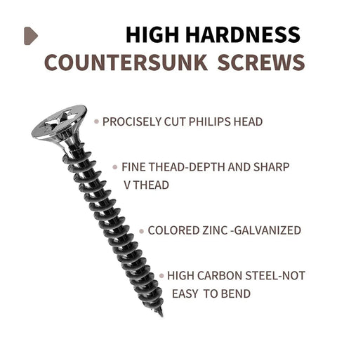 Rugged Flat Head Self Tapping Wood Screws Size 4 By 3/8 Inch M3x10mm, Black Oxide Carbon Steel, showing precise Philips head and spiral design.