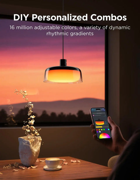Modern Three Layer Pendant Lights For Kitchen Island Featuring Rgbic Smart Color Changing Strips And Dimmable Warm White output with adjustable color display.