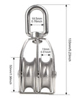 Front view of M50 Double Sheave Pulley Block 304 Stainless Steel 2 Pack With Swivel Hook For Heavy Duty Lifting 880 Lbs WLL Half Inch Rope 2 Inch Sheave 5.2 Inch Overall Length showing measurements