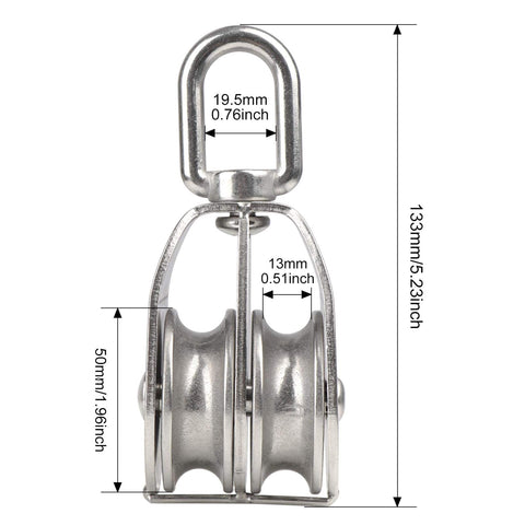 Front view of M50 Double Sheave Pulley Block 304 Stainless Steel 2 Pack With Swivel Hook For Heavy Duty Lifting 880 Lbs WLL Half Inch Rope 2 Inch Sheave 5.2 Inch Overall Length showing measurements