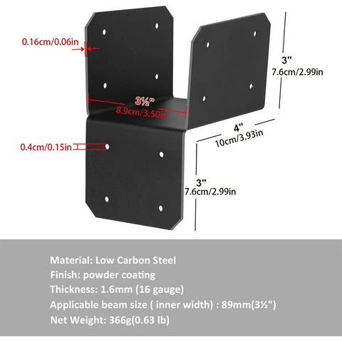 Diagram of Super Sturdy Rock Solid Post Cap Tie Brackets For 4x4 Wood Decks And Joist Hangers showing dimensions and specifications.
