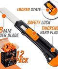 Rexbeti retractable utility knife with orange safety lock, 18mm wide blade, black and orange handle, 12-pack blades