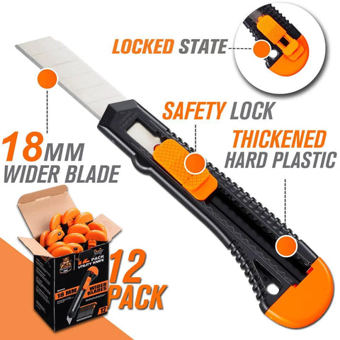 Rexbeti retractable utility knife with orange safety lock, 18mm wide blade, black and orange handle, 12-pack blades