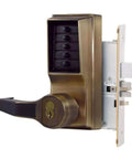 Side view of Mortise Combination Lever Lock with Key Override and Deadbolt, Passage and Lockout Capable, Satin Brass Finish.