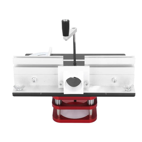 Universal Router Table Insert Plate With 51 Mm Stroke Lift Kit And Crank Handle Fits 64 To 66 Mm Motors, red and silver design, top view.