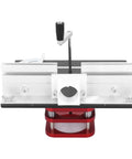 Built Like An Ironclad Workhorse Router Table Base Featuring A Manual Lift Rod System And 51mm Stroke Adjustment For 64 To 66mm Motors With Hassle Free Mounting Plate, top view, heavy duty steel construction.