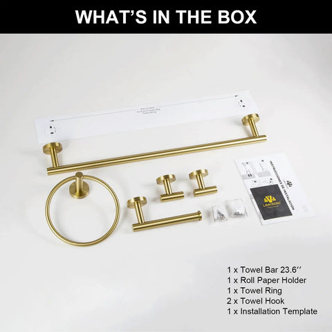 Dope Brushed Gold 5-Piece Bathroom Hardware Set with 23.6 Inch Towel Bar, Toilet Paper Holder, Hooks, Towel Ring, Mounting Kit