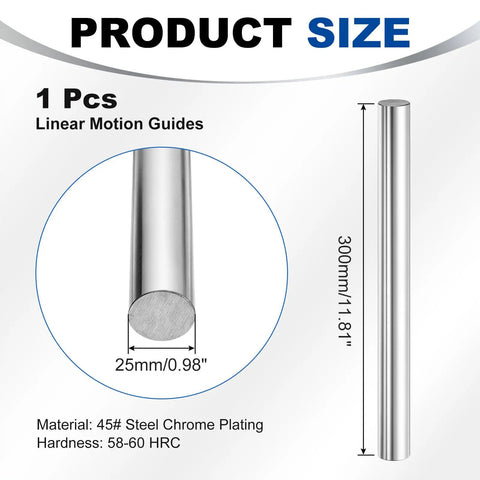 Heavy Duty Solid Case Hardened Chrome Plated Linear Motion Rod 25mm X 300mm 0.98in X 11.81in For CNC DIY Projects 3D Printers Model Cars And Planes Smooth Shaft Guide For Precise Reliable Motion, 25mm rod