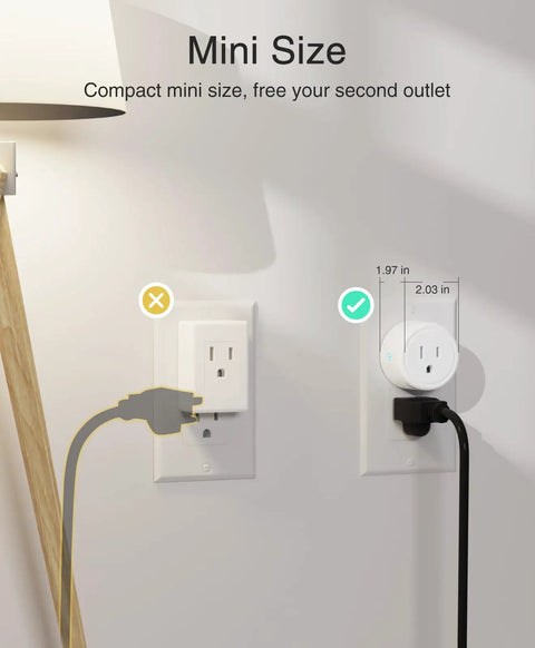 Mini WiFi Smart Plug That Works With Alexa And Google Home No Hub Needed Schedule Timers Power On Off Remotely Via App Voice Control ETL FCC Listed Compact White Outlet in use, shown beside lamp, displaying space-saving design.