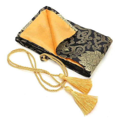 Silk Katana Sword Carrying Bag Case For Japanese Samurai Premium Soft Silk Sleeve With Scratch Resistant Lining, black and gold design.