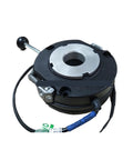 Electromagnetic clutch and brake unit for DC motor reducer; black metal housing with central shaft bore and wiring.