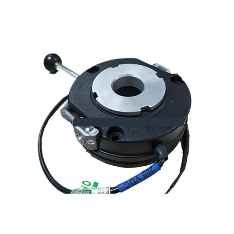 Electromagnetic clutch and brake unit for DC motor reducer; black metal housing with central shaft bore and wiring.