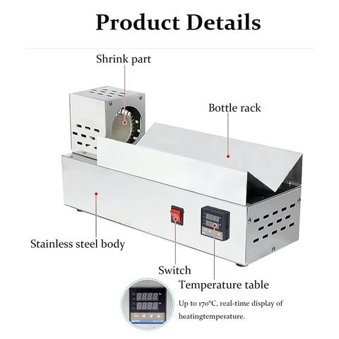 600W Neck Heat Shrink Sealing Machine For Wine Bottles, Digital Display, Manual Push Operate, showcases stainless steel body and controls.